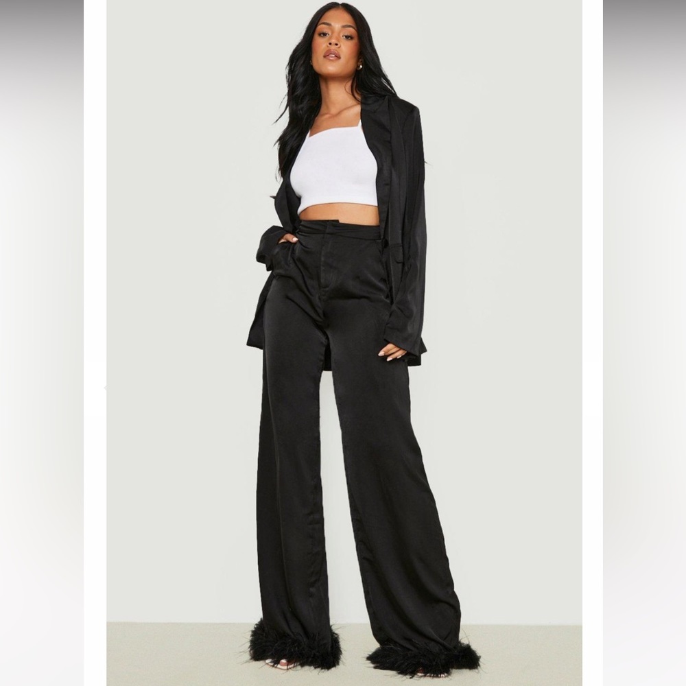 Feather hem wide leg satin pants - extra long fit
